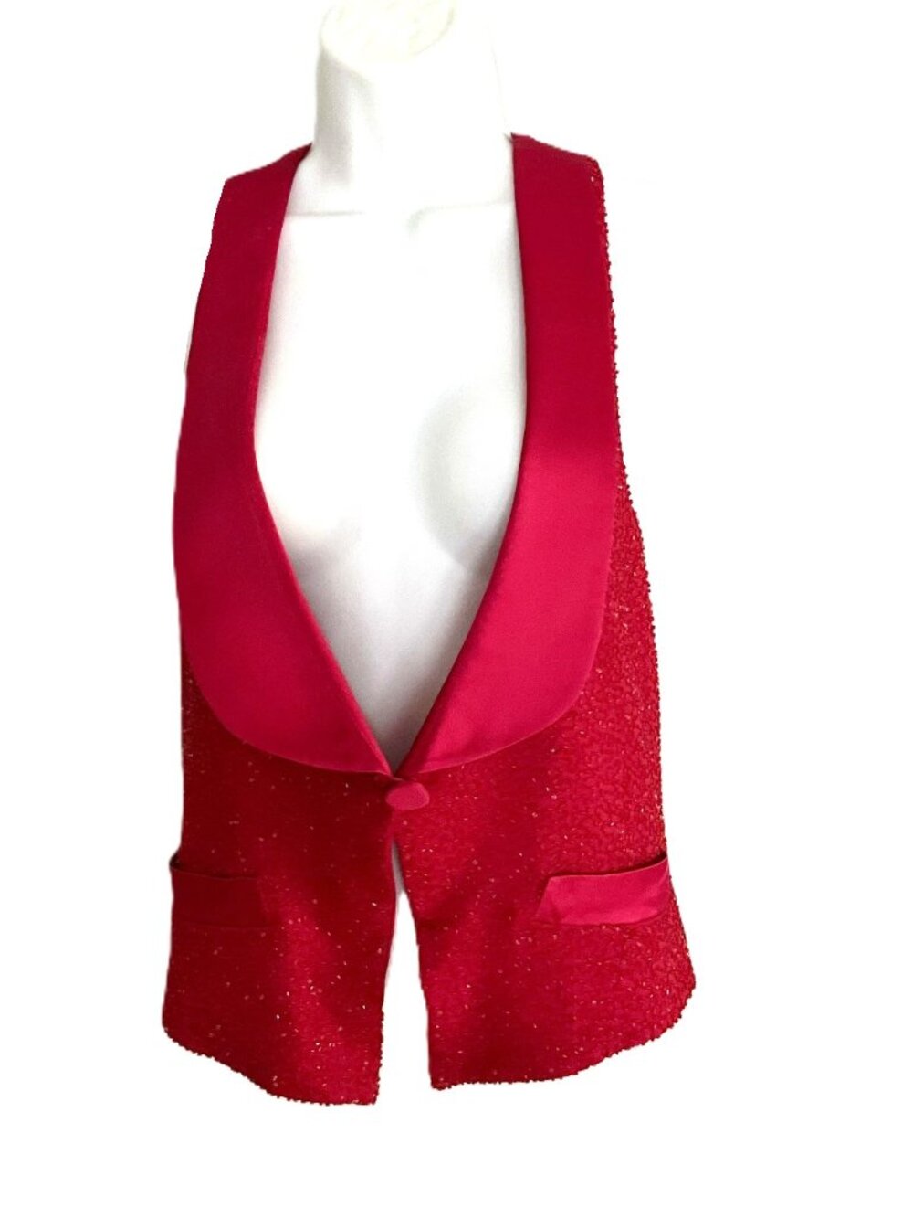 Emporio Armani Red Beaded Vest Silk Trim Open Front Size 40